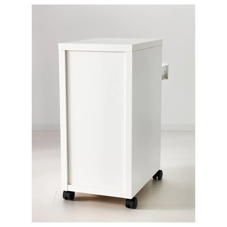 White rolling cabinet on wheels, designed for easy mobility and storage, part of the MICKE series.