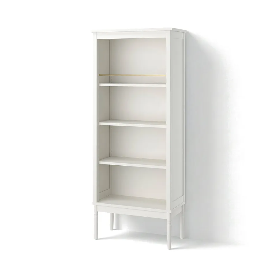 White FÄRJKARL bookcase with 3 shelves & brass detail.