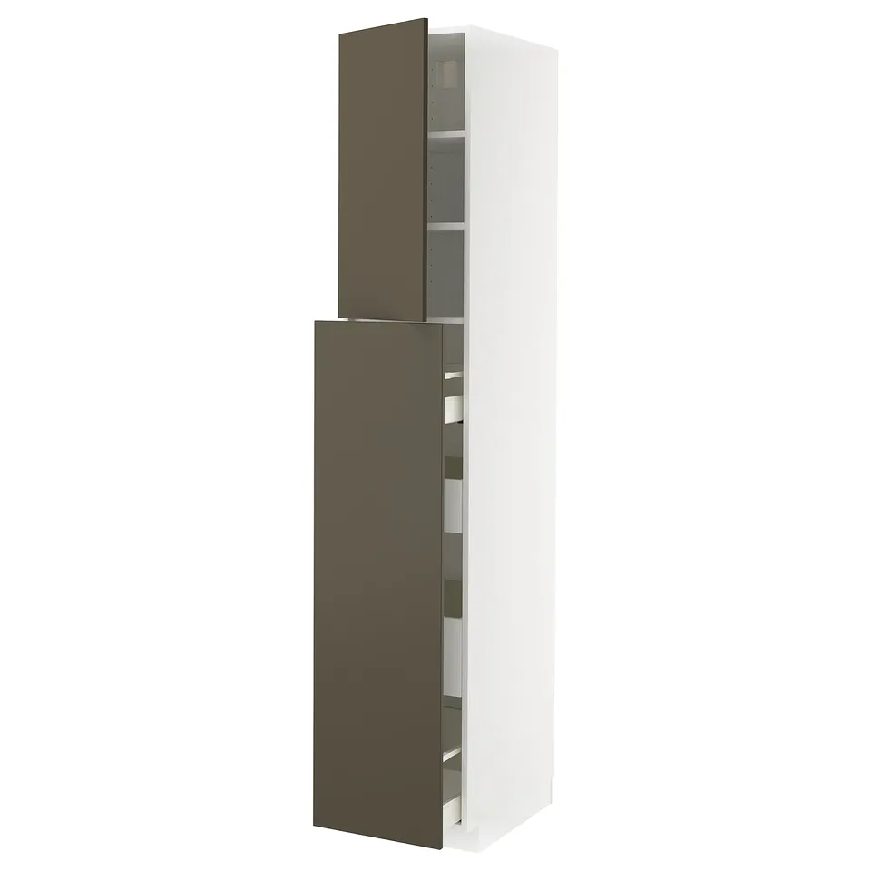 Modern kitchen cabinet: METOD, white & dark brown, sleek, tall with open shelves.