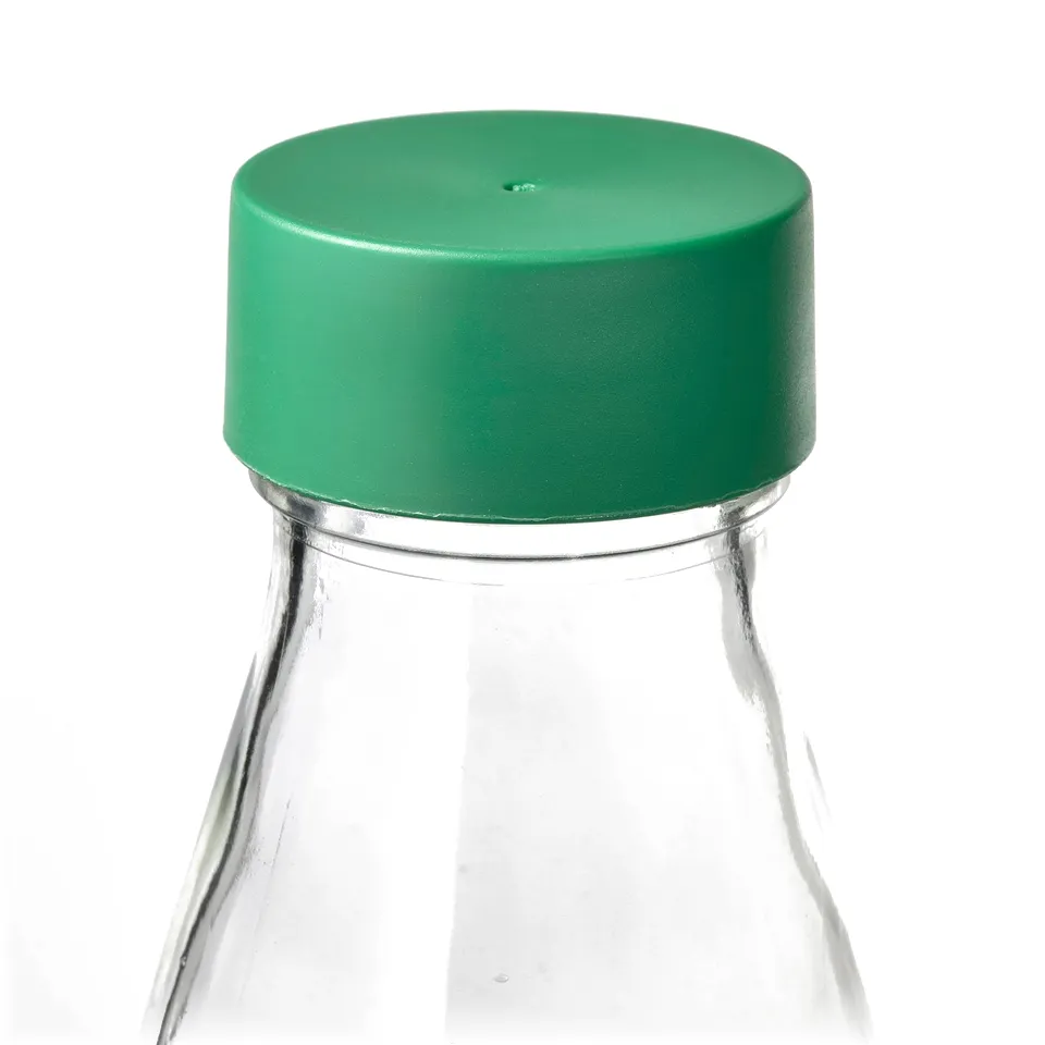 A clear glass bottle with a green lid and a silicone gasket. Top part is visible.