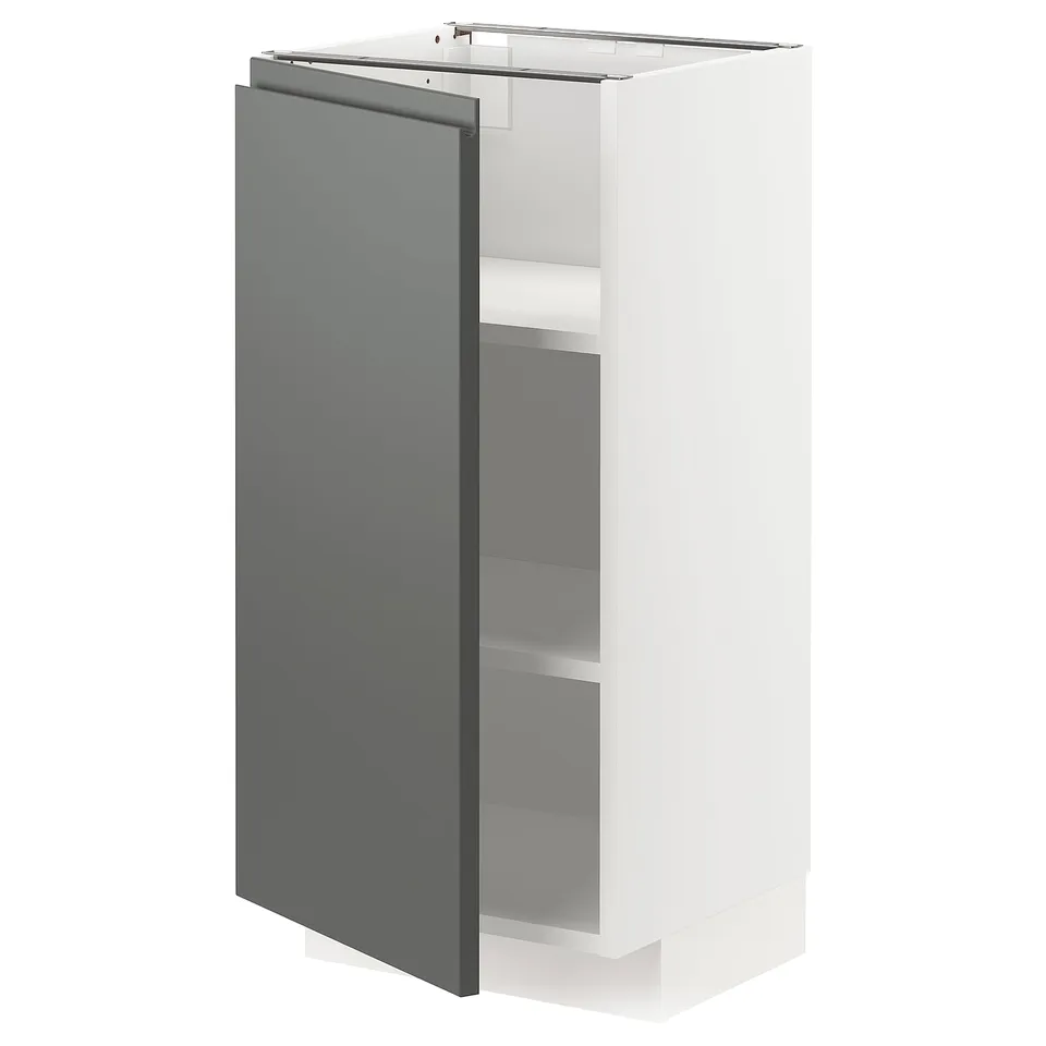 METOD kitchen unit: white frame, dark grey door, squarish, modern, adjustable shelves.