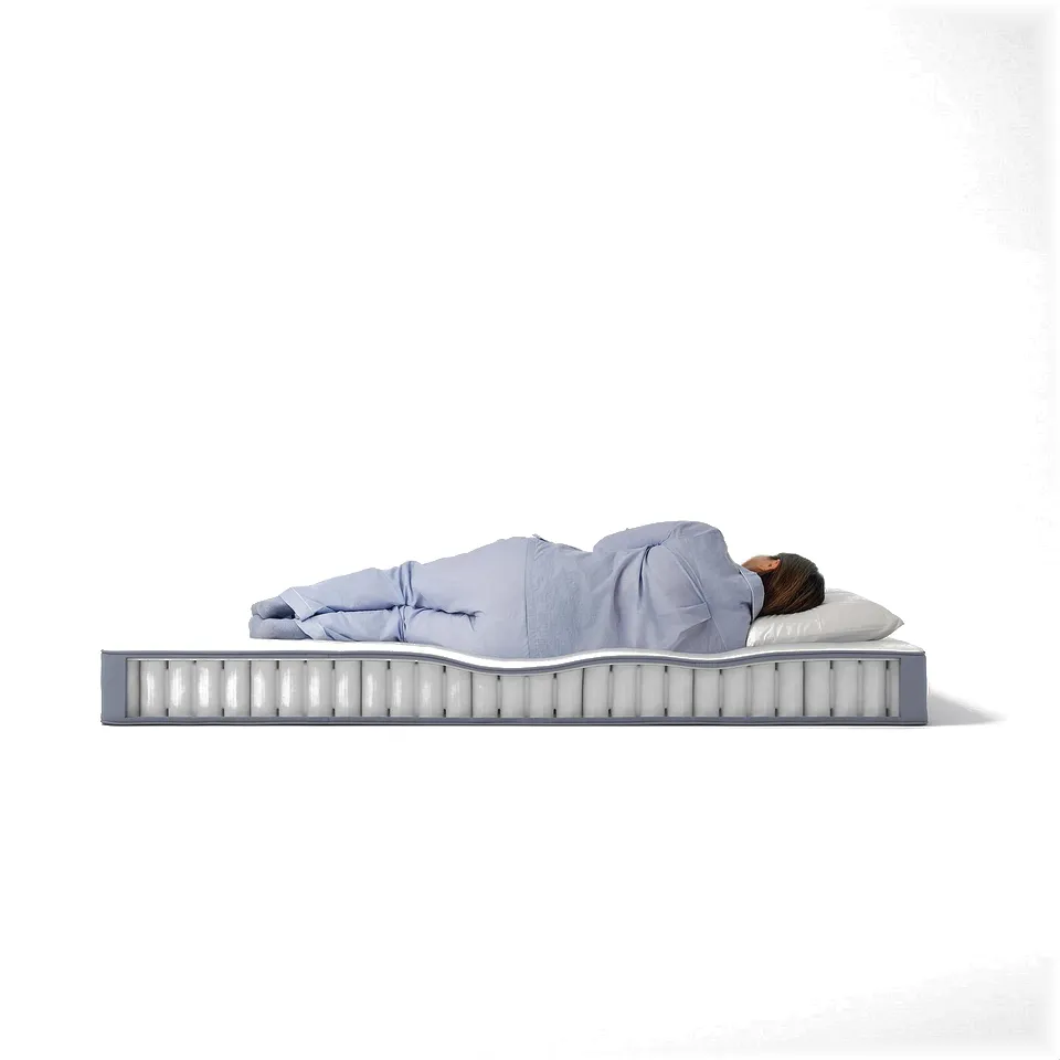 Person sleeps on light blue mattress, white pillow; firm, modern design.