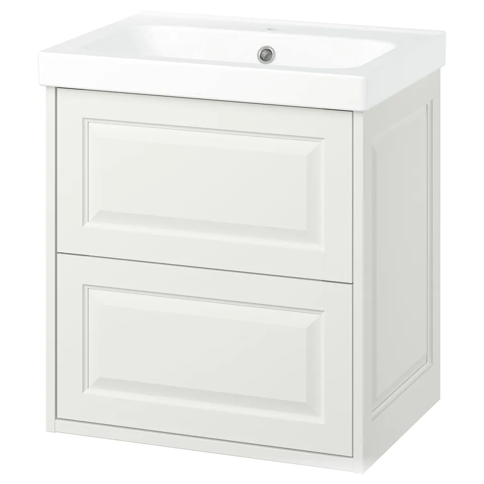 TÄNNFORSEN white bathroom vanity: classic elegant design, two spacious drawers, bevelled edges, wall-mountable.