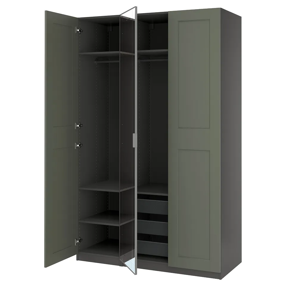 Dark green PAX wardrobe with mirrored doors. Tall & rectangular, has shelves & railings inside.