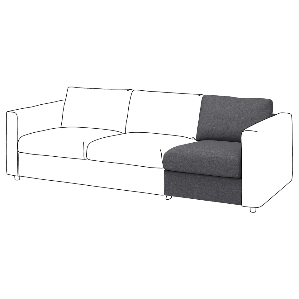 VIMLE sofa, grey fabric, modern design, three cushions, sleek arms, durable material.