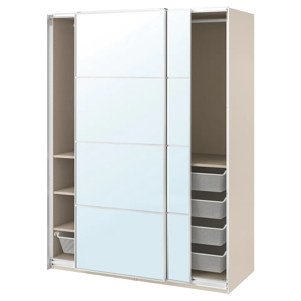 This image shows a white ikea PAX wardrobe with sliding doors, containing mesh storage baskets and an internal clothes rail.
