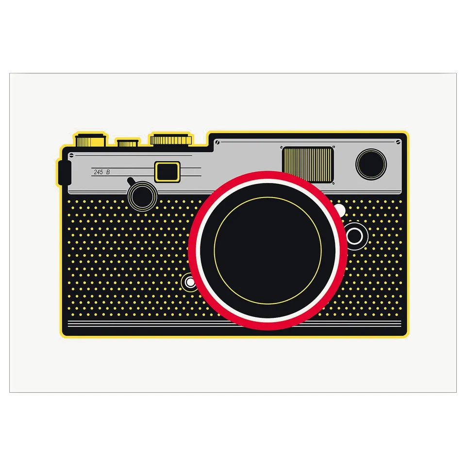 Stylized camera icon; yellow, black, red, white; flat design.