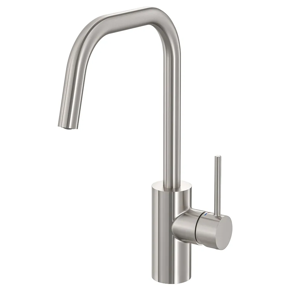 Stainless steel ÄLMAREN tap, curved high spout, metallic finish, modern design.