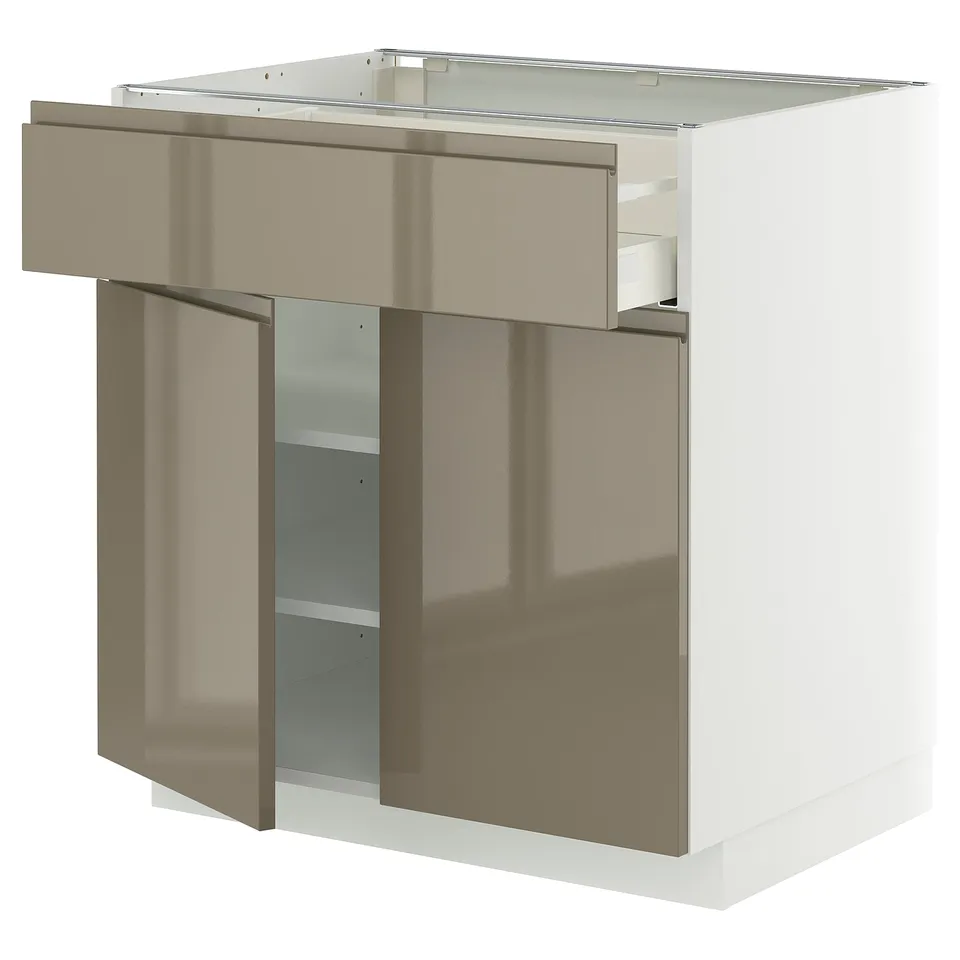 Modern kitchen cabinet in dark grey-brown colour with sleek handles and adjustable shelves.