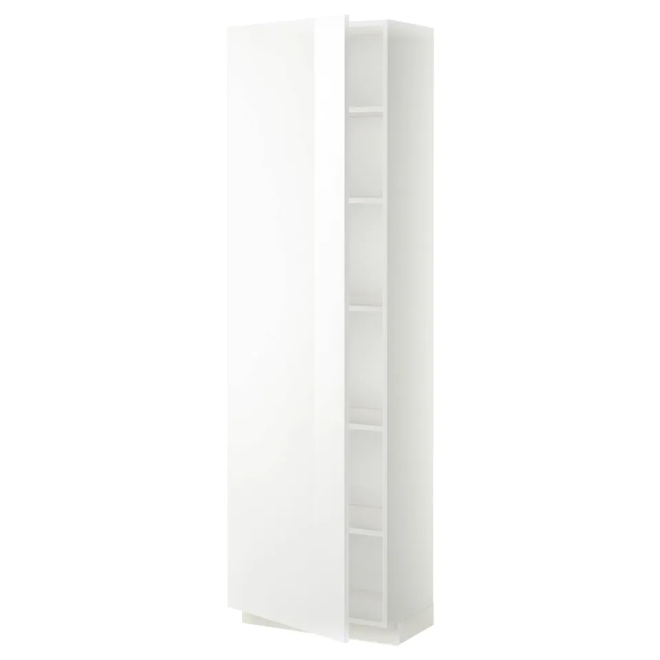 White METOD tall kitchen cabinet with shelf and hinges.