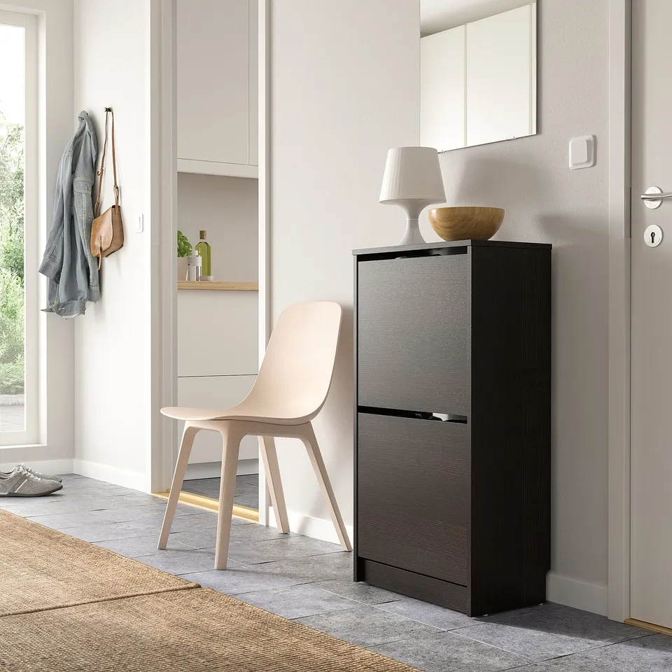 A modern black shoe cabinet fits neatly in a hallway, accommodating footwear with a sleek design and minimalist decor.
