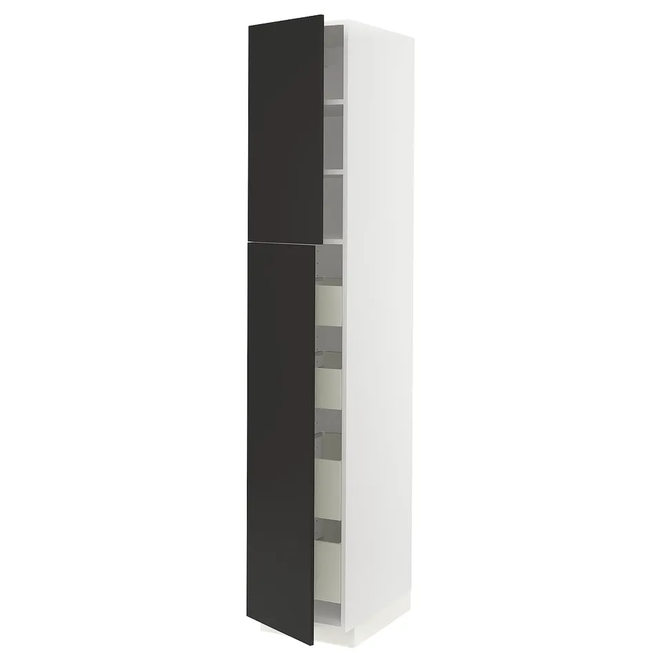 METOD kitchen cabinet with black doors, multiple shelves, soft close dampers.