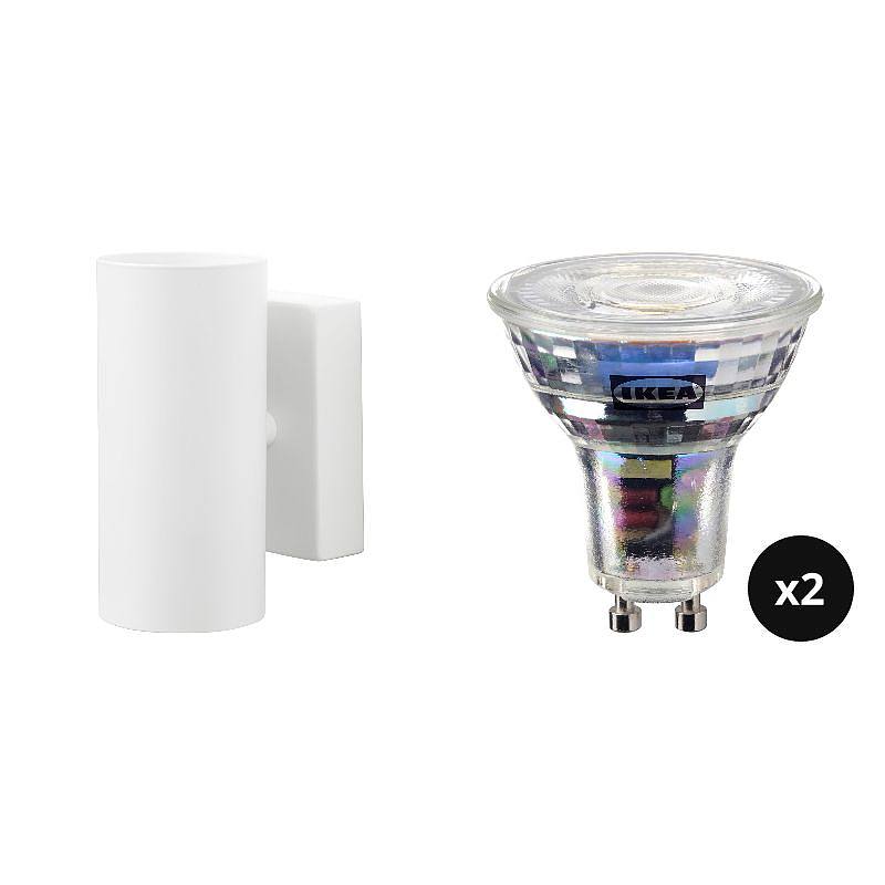 NYMÅNE/SOLHETTA set: wall up/downlighter, wired-in + LED bulb GU10 345 lumen x2, white + dimmable, Height 15 cm
