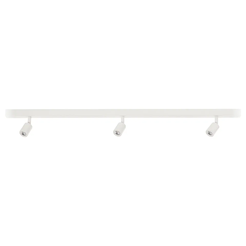 BÄVE track lighting: white ceiling track with 3 adjustable spotlights, minimalist design.