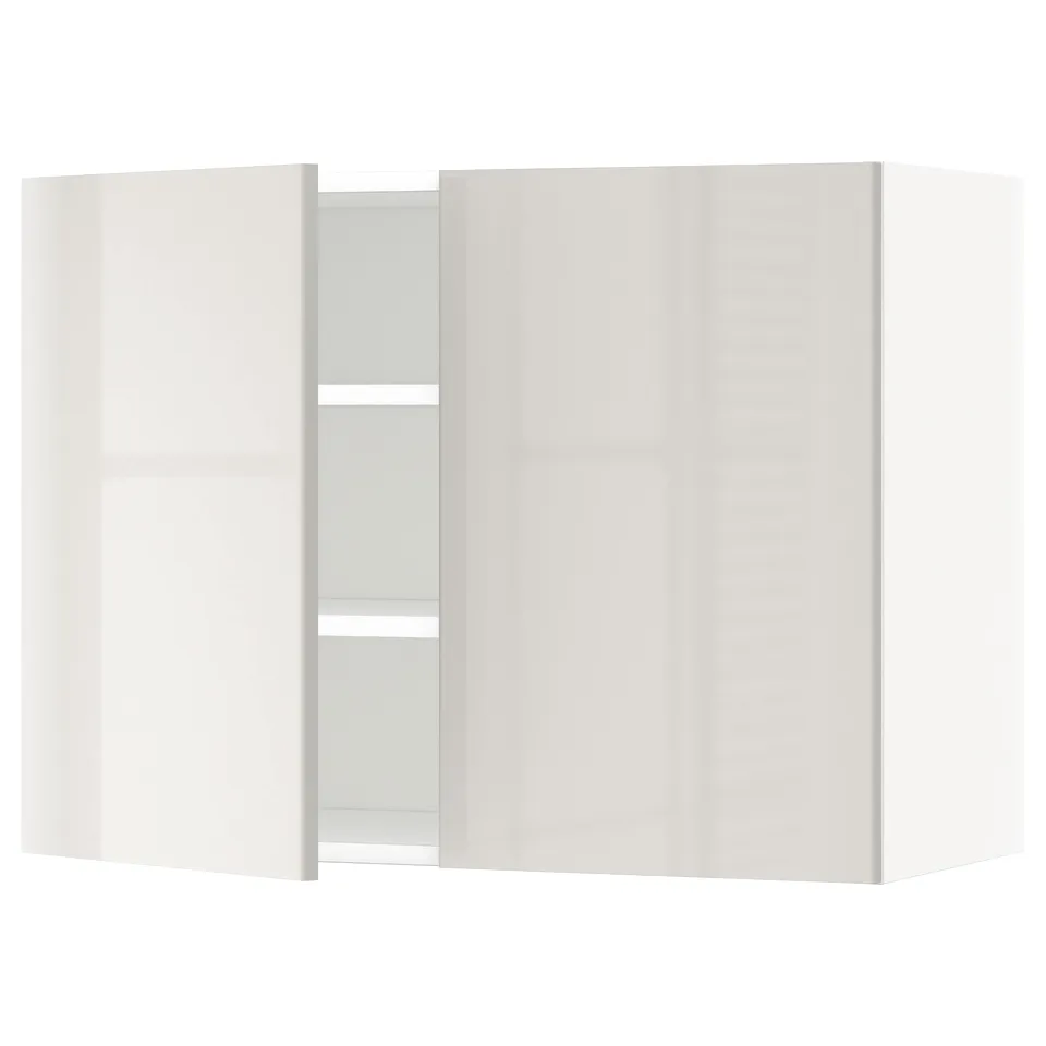 A modern white METOD kitchen cabinet with high-gloss grey doors and adjustable shelves.