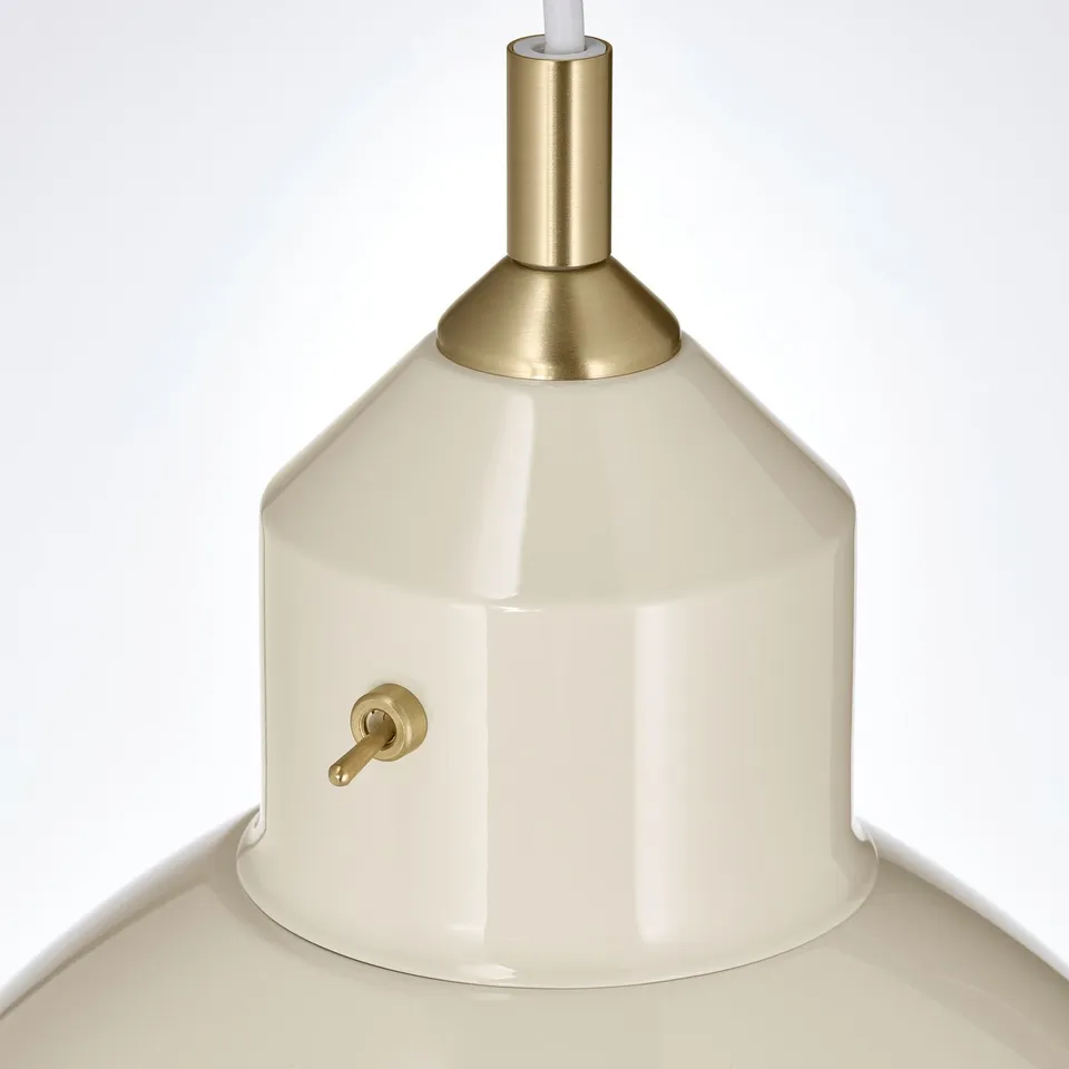Modern pendant lamp with white shade and gold details.