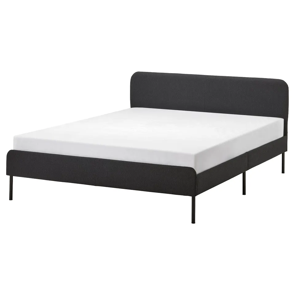 SLATTUM bed: black, fabric headboard, metal legs. Or, for a closer count: modern black SLATTUM bed: fabric headboard, metal legs.