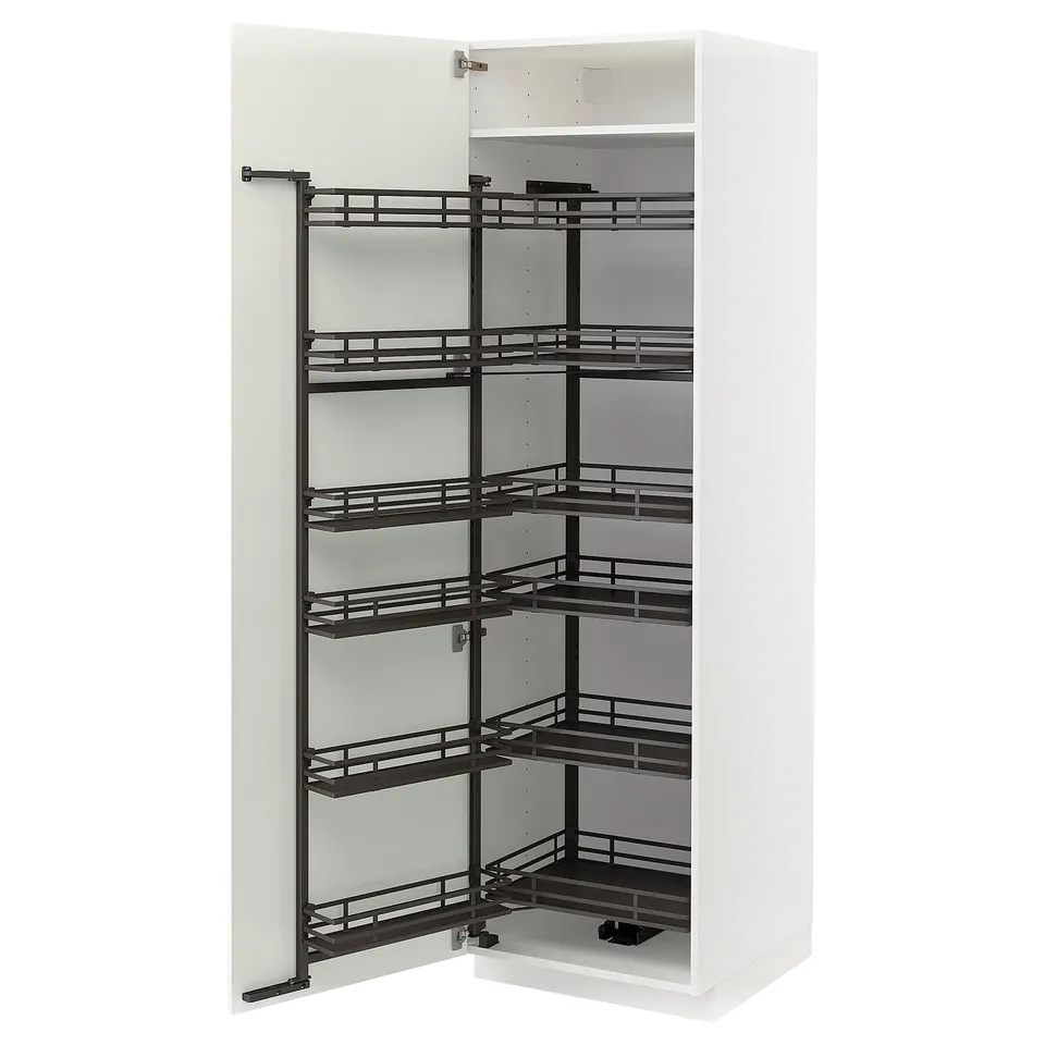 White METOD kitchen cabinet with black pull-out shelves.
