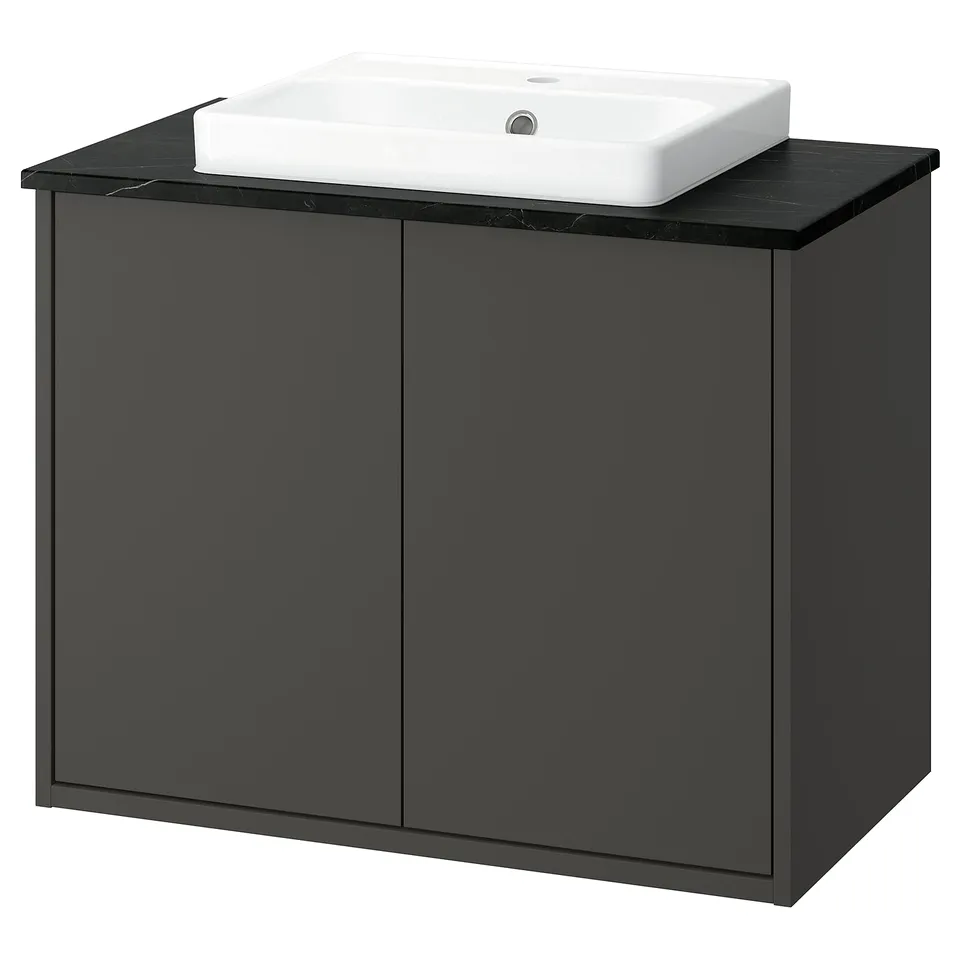HAVBÄCK black washstand w/sink, simple design, dark grey, wood & plastic, square, modern.