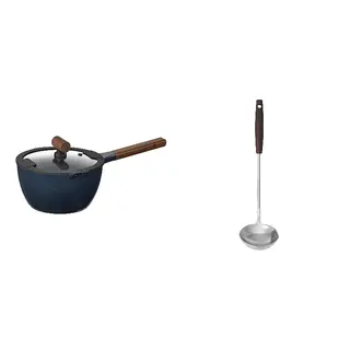 KLIPPFISK/SLITSTARK set: saucepan with lid + ladle with separator, non-stick coating glass/wood black-blue + stainless steel/walnut, 2.3 l