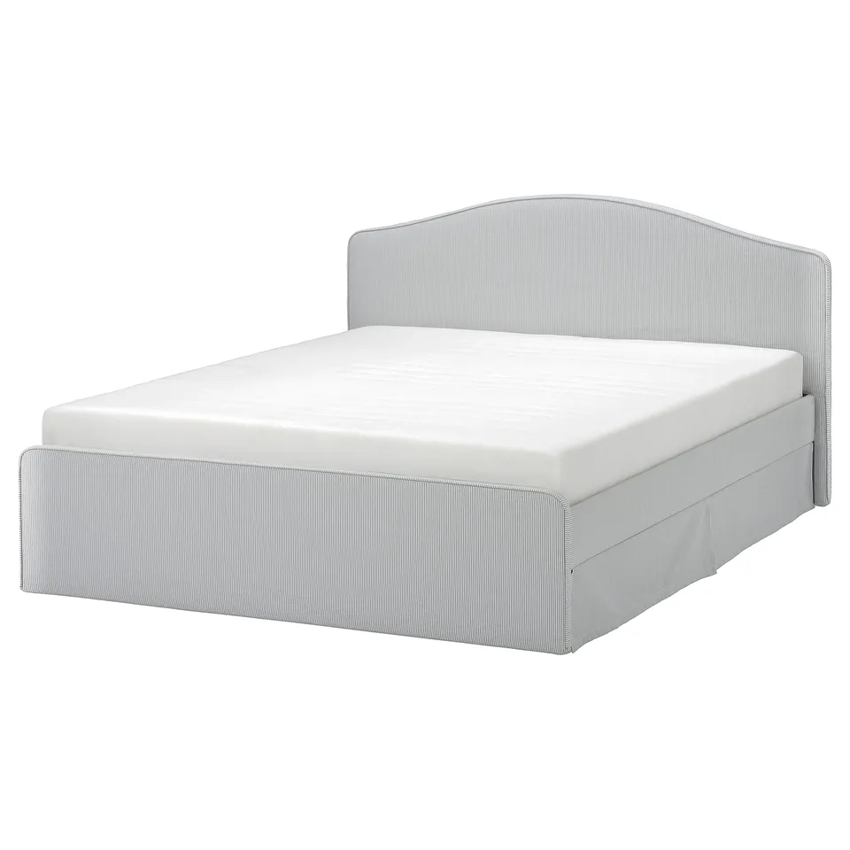A RAMNEFJÄLL upholstered bed in light grey with striped fabric, featuring a curved headboard and clean lines. It has a classic, comfortable design.