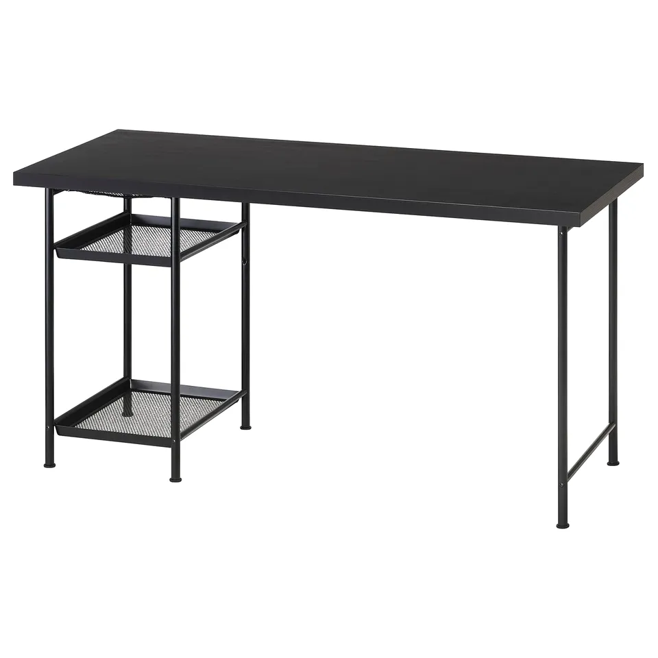 Modern black desk with mesh shelves, rectangular shape.