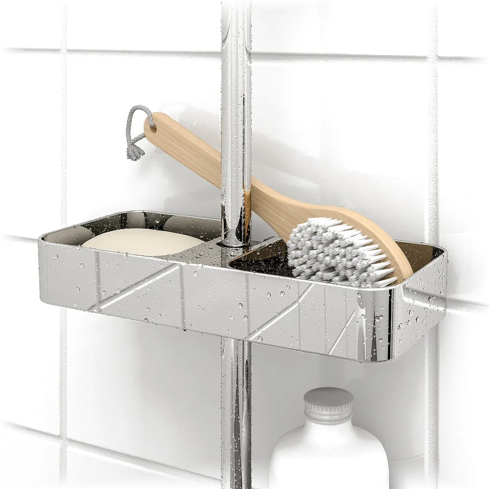 Metal shower shelf holds soap and brush, adjusts to rail, drains water.