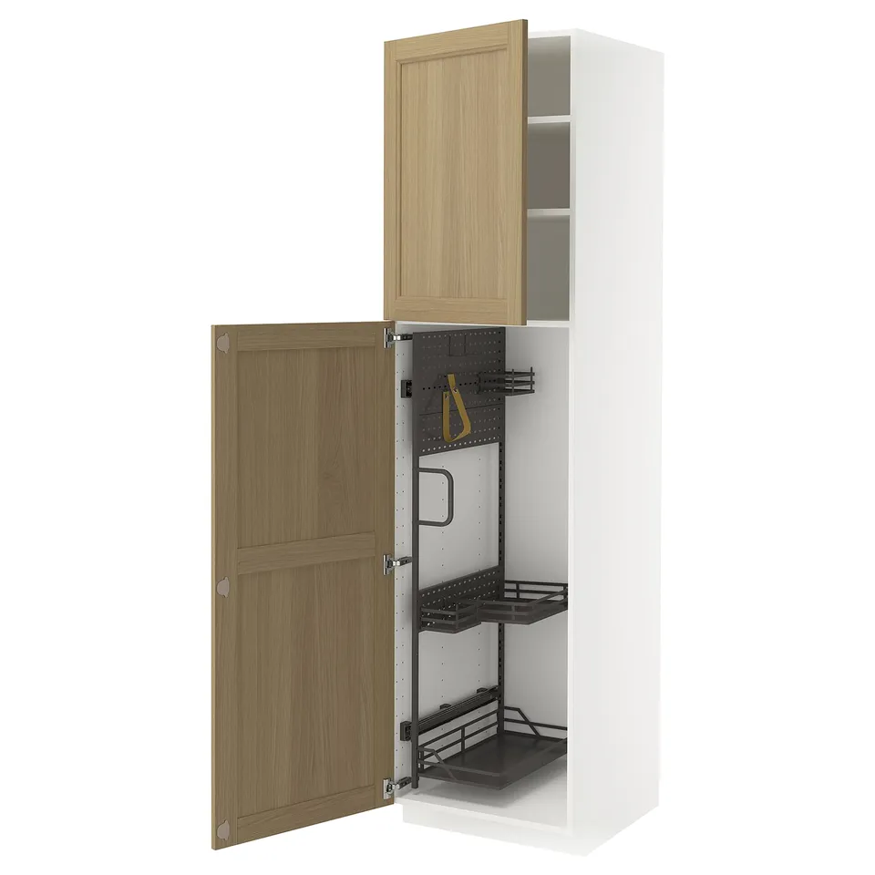 METOD kitchen cabinet in oak, white. Tall with pull-out organisers, open doors showing interior.