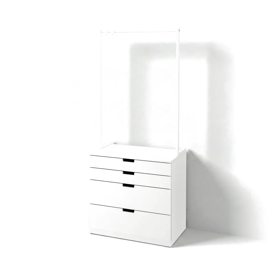 Modern white NORDLI chest with 4 drawers and clear glass top, sleek design.