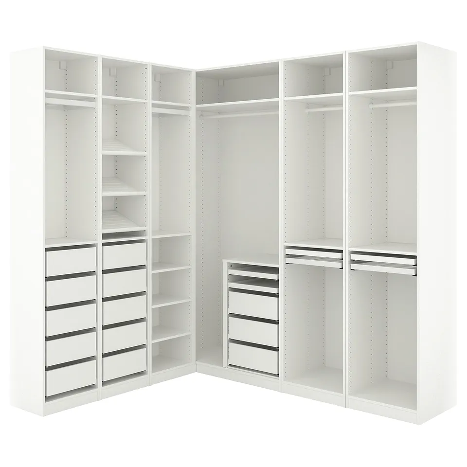 White PAX wardrobe, large corner unit with shelves and drawers. Modern, minimalistic design, particleboard, steel.