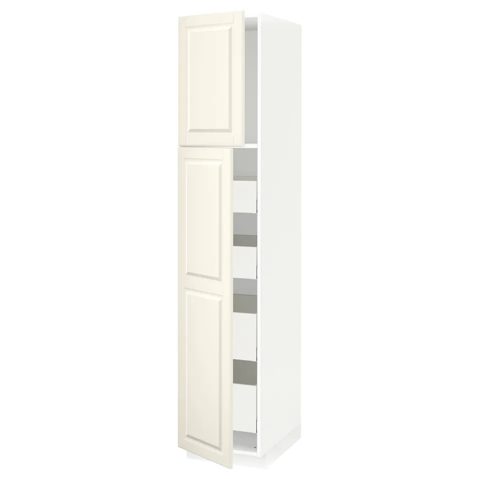 A white METOD kitchen cabinet with two doors and adjustable shelves, featuring a traditional design with bevelled edges.