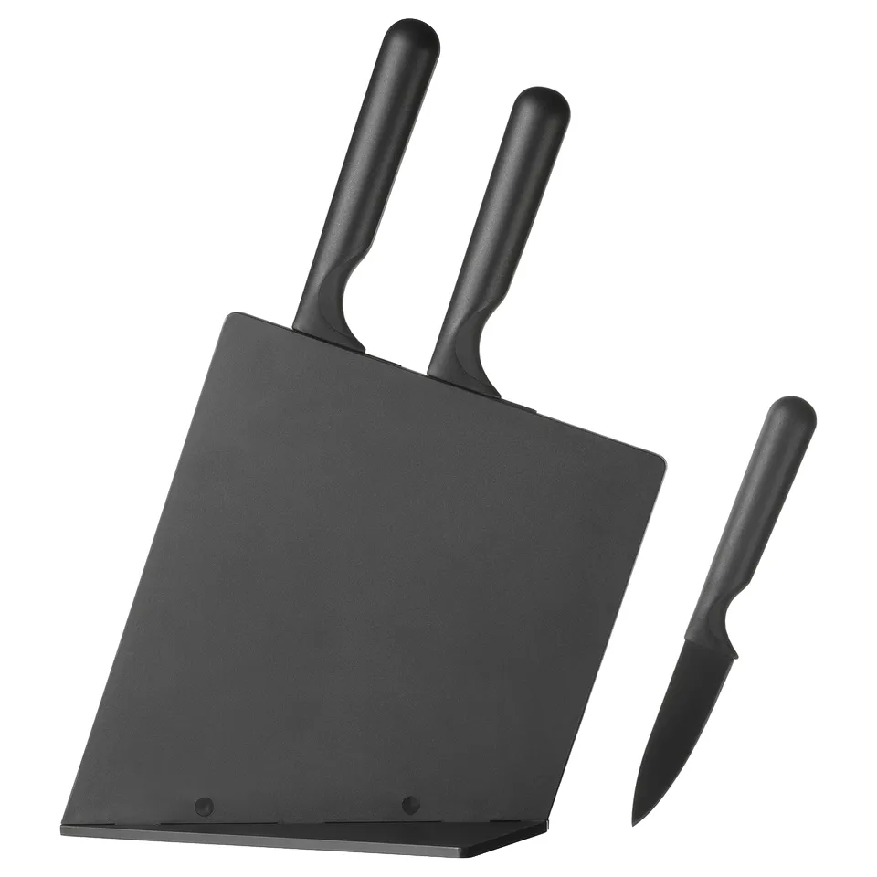 Black JÄMFÖRA knife set with 3 knives in block, modern design.