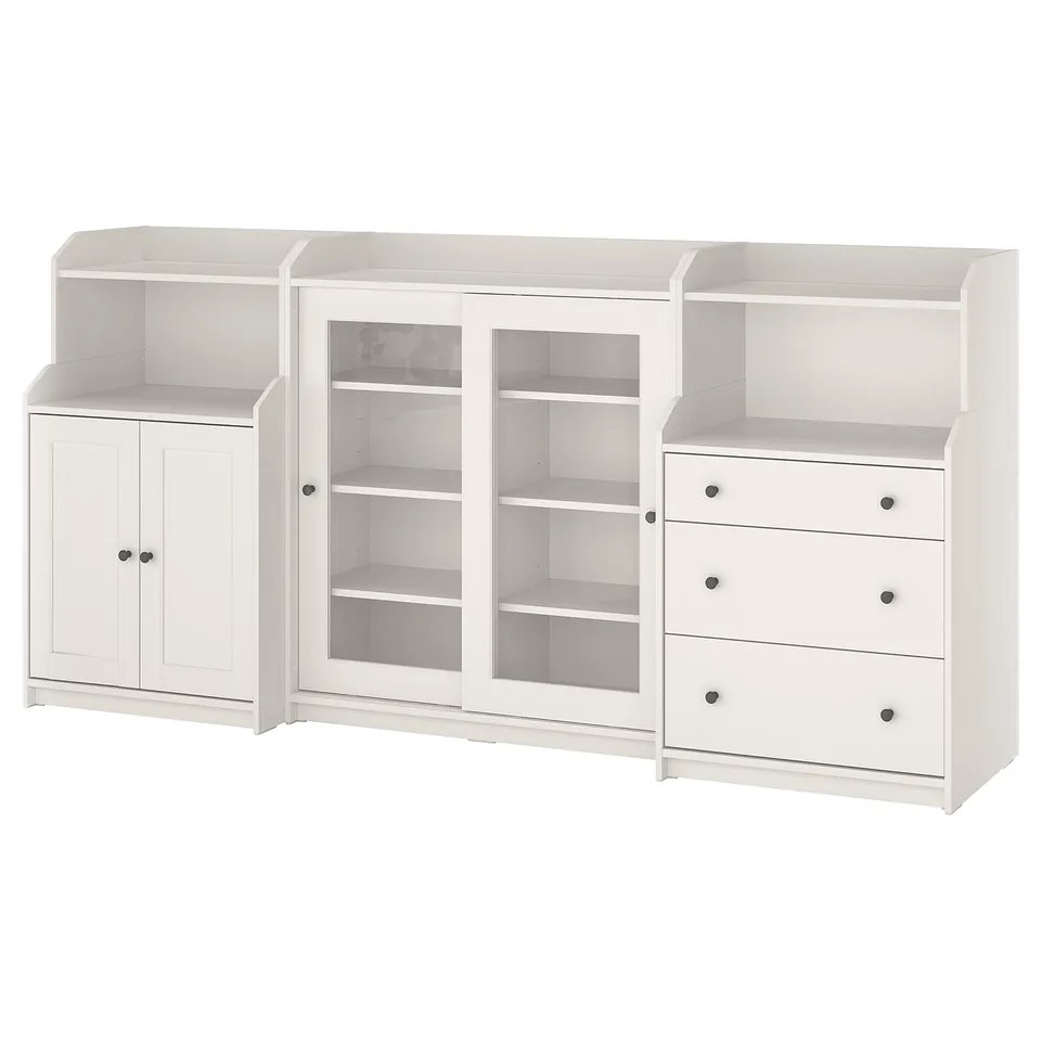 White HAUGA storage set: dressing unit, cabinet, & bookshelf, mixed open/closed storage, sturdy particleboard.