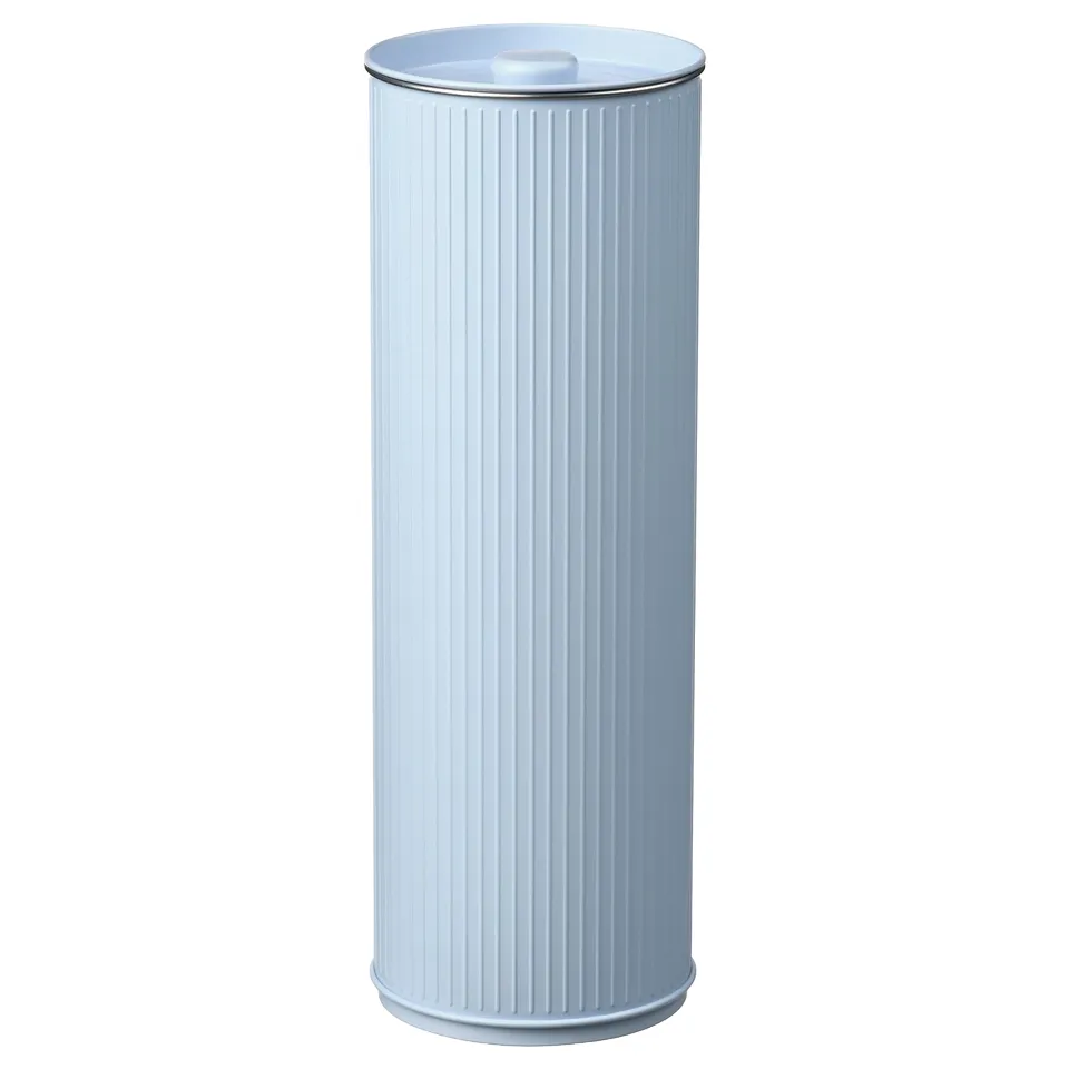 A cylindrical white BETTHAJ bin made of tin-plated steel with a ribbed design. It stands upright with a lid on top.