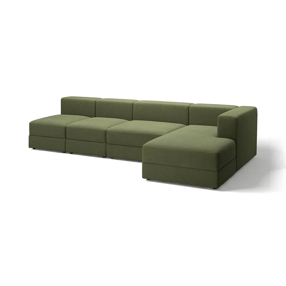 Modern green l-shaped sectional sofa with plush cushions and clean lines.
