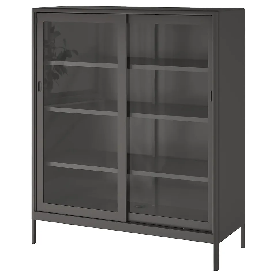 An idaasen dark grey metal cabinet with sliding glass doors, ideal for storing and displaying items while keeping dust away.