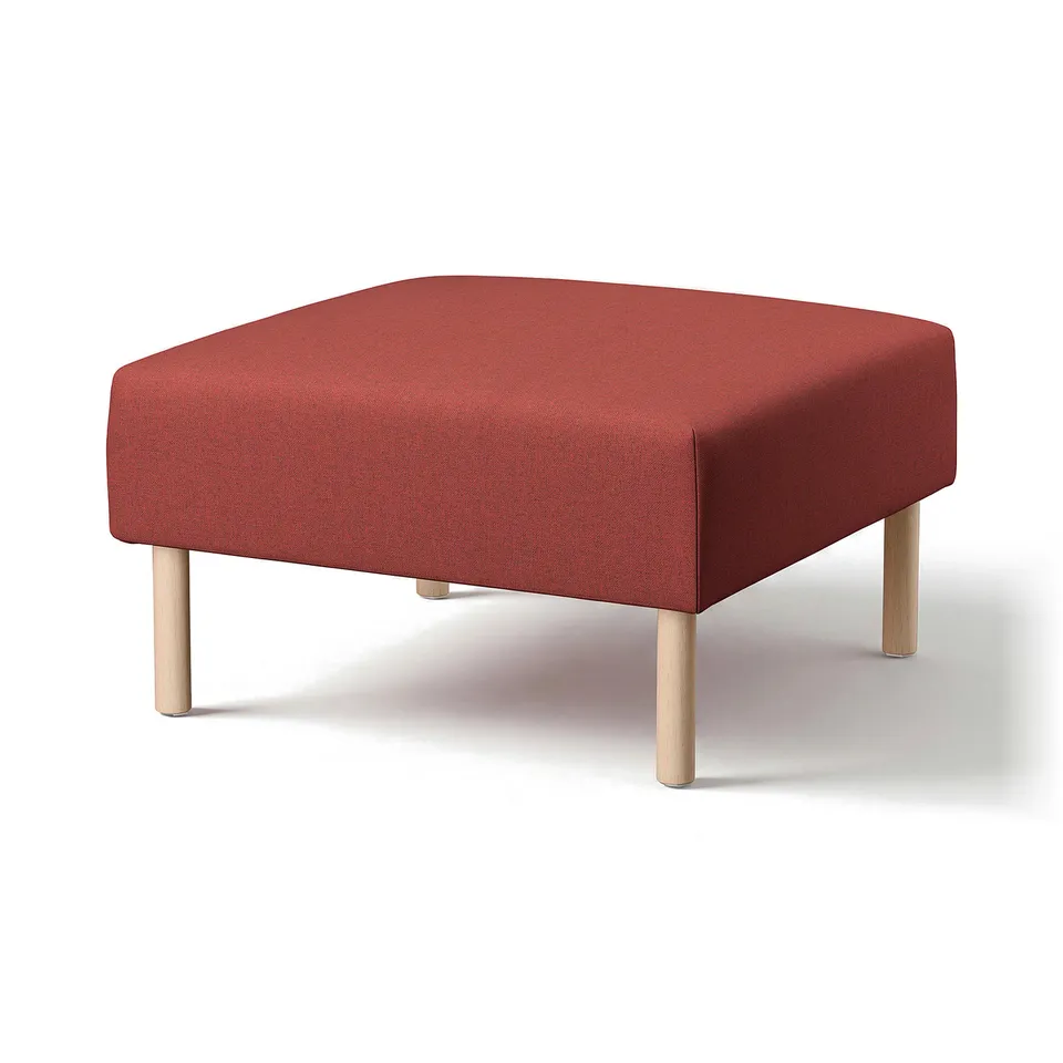 A red LILLEHEM ottoman with wooden legs.