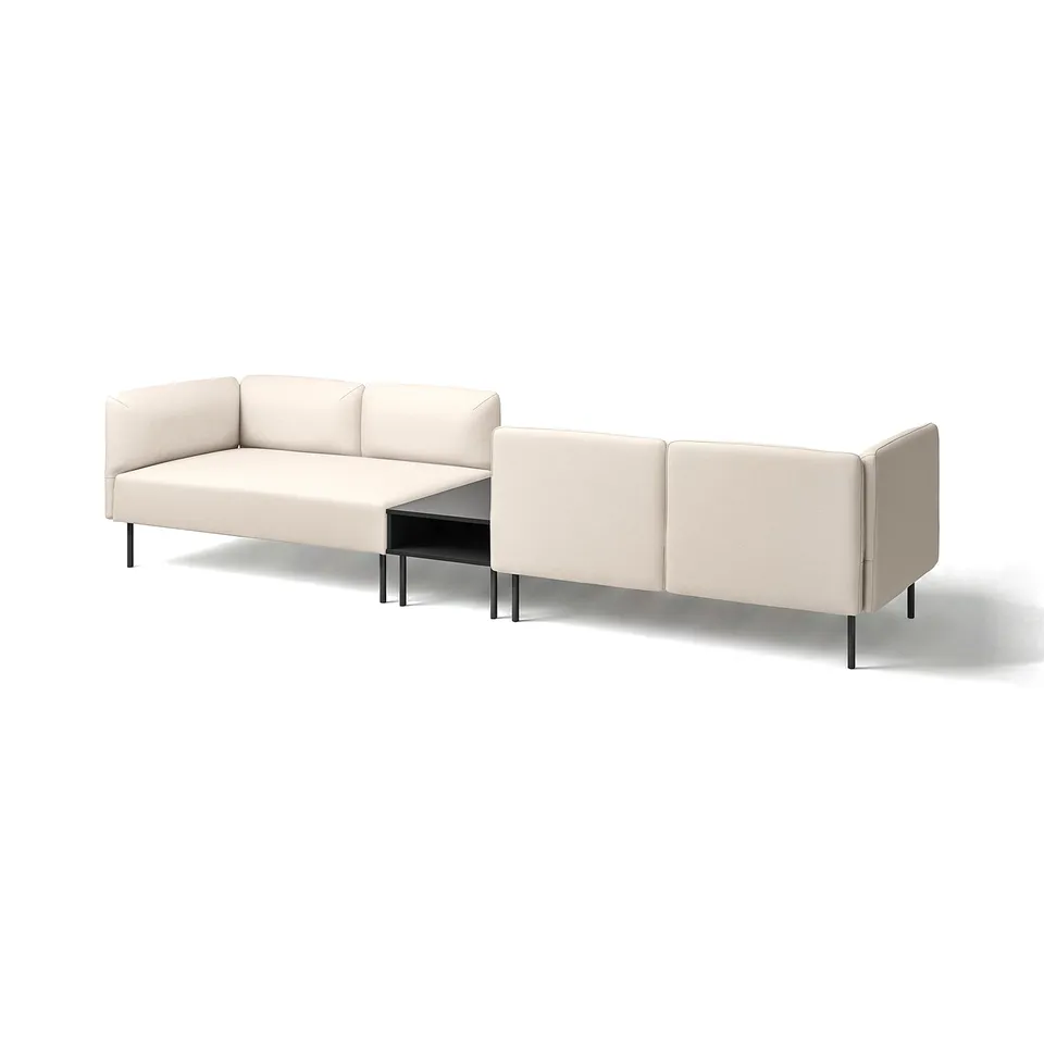 Modern beige LILLEHEM sofa with dark legs & black coffee table.