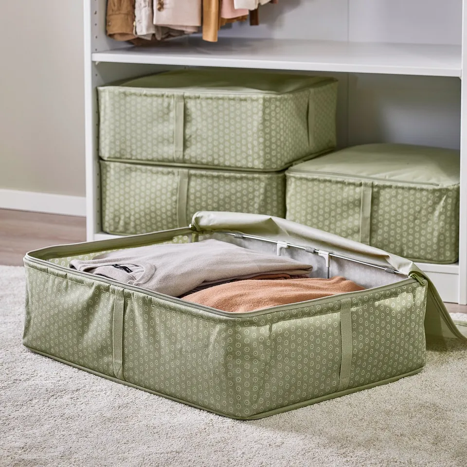 HEMMAFIXARE Storage case, flower/pale grey-green, 69x51x19 cm