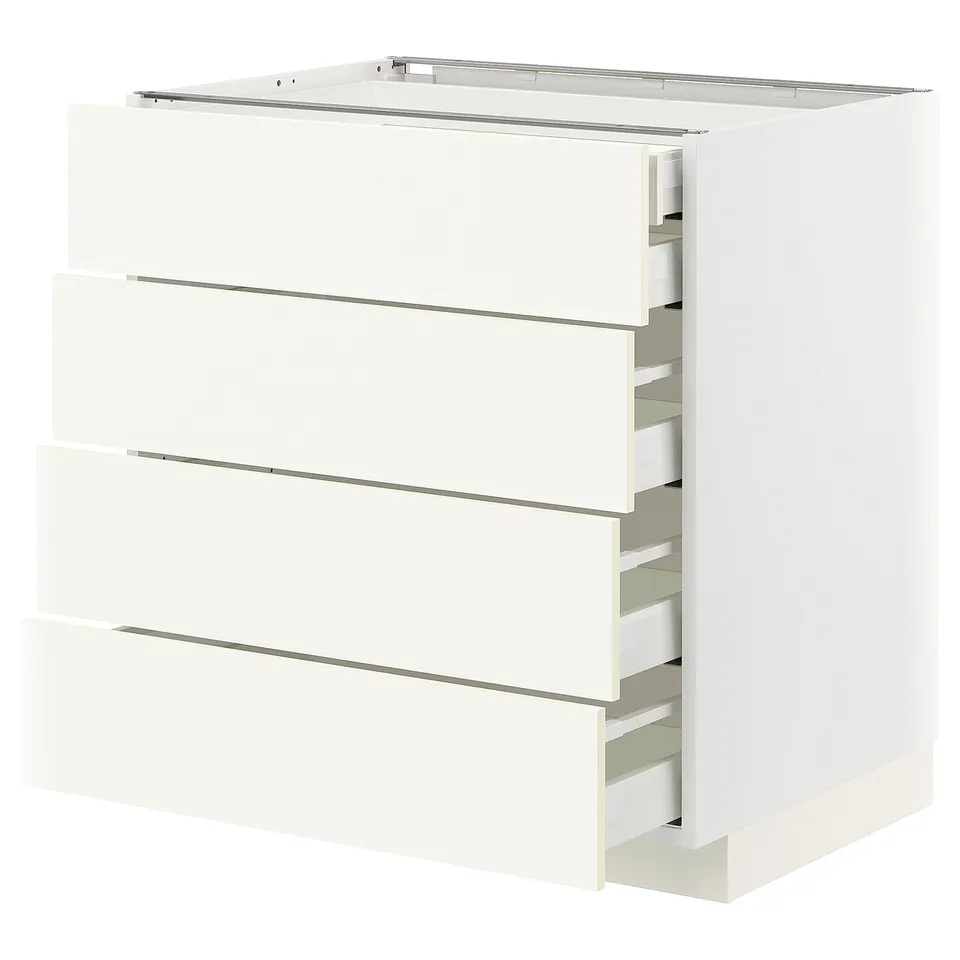 METOD white kitchen unit with four open drawers. Rectangular, clean design, smooth white finish.