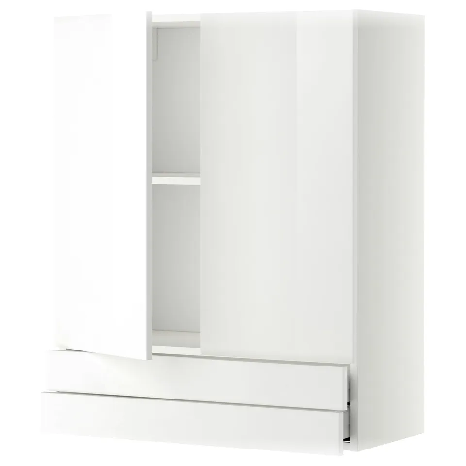 White METOD kitchen cabinet with glossy finish, two doors, one shelf.