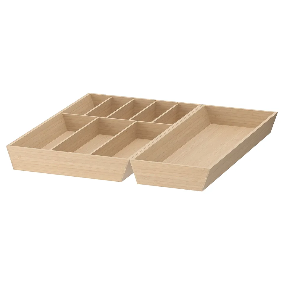 An updatera bamboo wooden cutlery tray, light brown, rectangular, with multiple compartments for organisation.