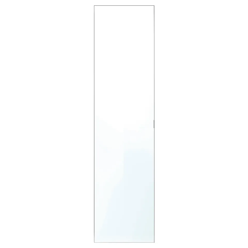 ÅHEIM mirror door, sleek and modern, transforms small spaces, with soft-close hinge, reflecting light, enhancing room.