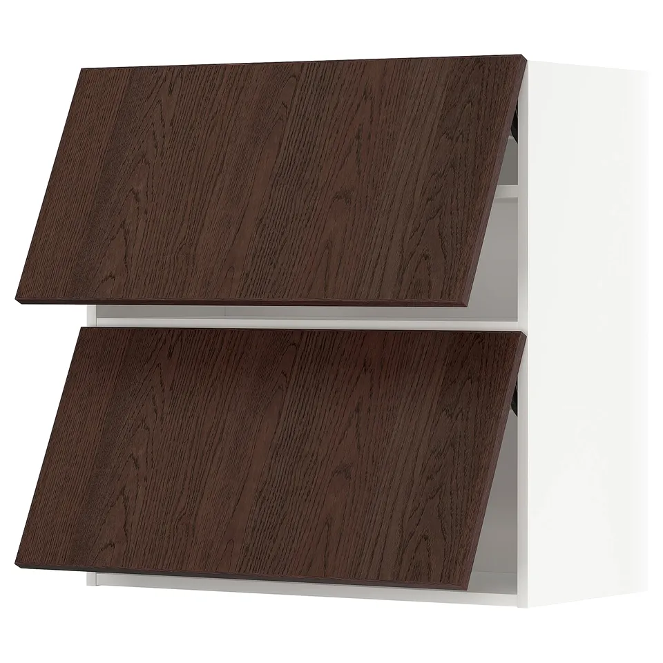 Two dark brown wooden cabinets, stacked vertically, sleek edges, modern design.