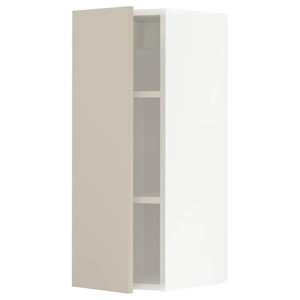 Open beige kitchen cabinet, modern design, smooth finish.