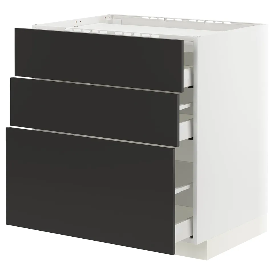 Modern black kitchen cabinet with three drawers, sleek and stylish design.