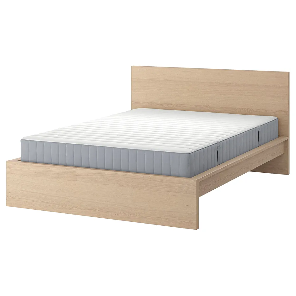 MALM light oak bed. Modern, high headboard design with grey mattress. Solid wood veneer, slatted base.