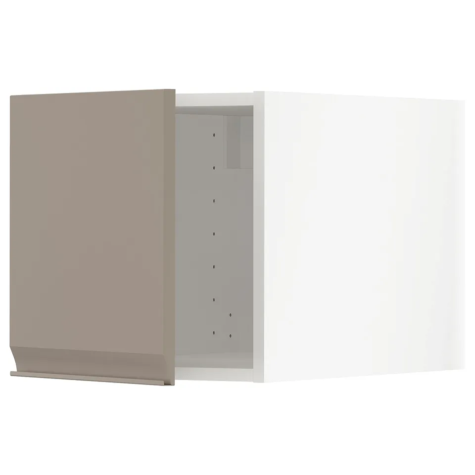 Modern kitchen cabinet, beige with minimalist grey handle, square edges.