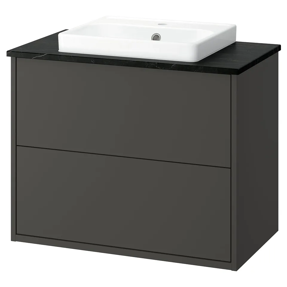 HAVBÄCK bathroom vanity: dark grey, rectangular with black marble top, modern design, wall-mount.