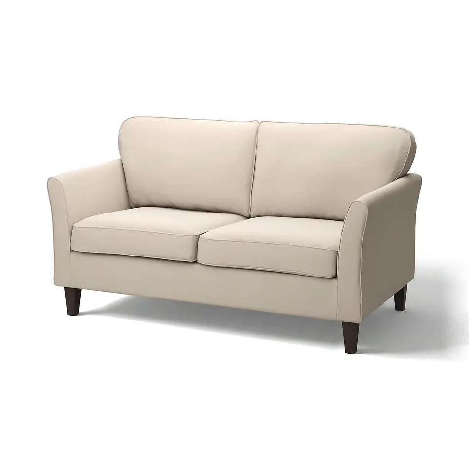 EKHOLMA beige loveseat, smooth fabric, wooden legs, curved arms.